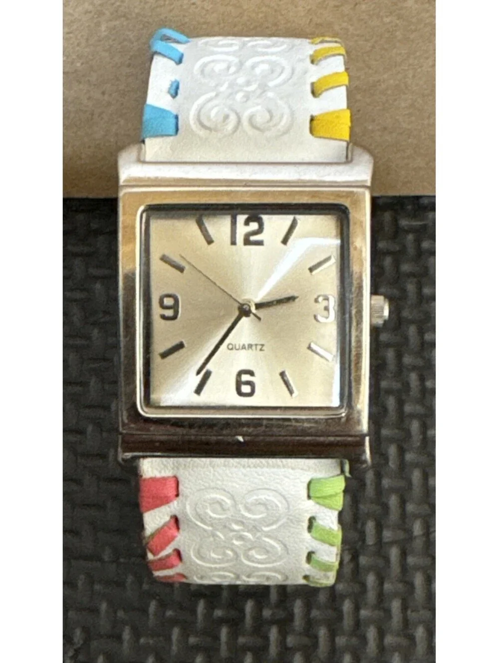 Avon Quartz Watch| Champagne Face | Embossed Cuff White Strap | Whipstich